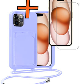 Nomfy Nomfy iPhone 15 Pro Max Hoesje Pashouder met Koord Met Screenprotector - Lila