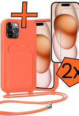 Nomfy Nomfy iPhone 15 Pro Max Hoesje Pashouder met Koord Met 2x Screenprotector - Papaya