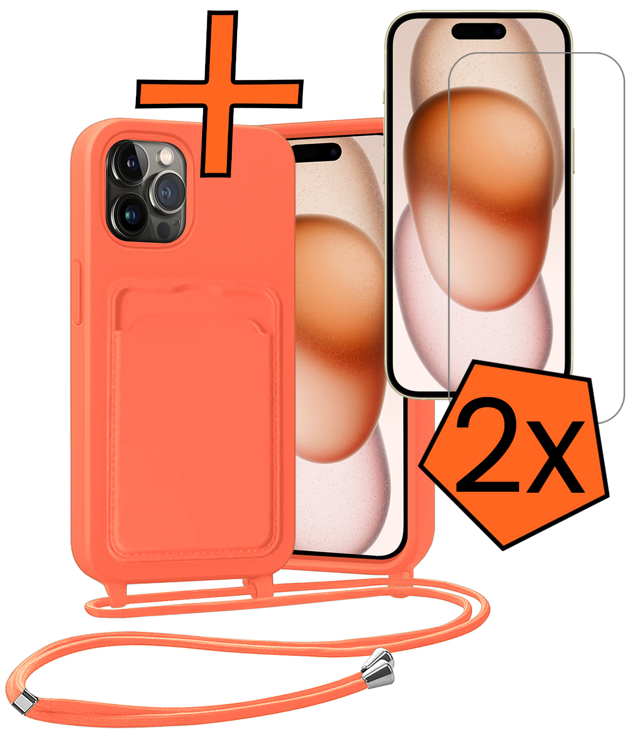 Nomfy Nomfy iPhone 15 Pro Max Hoesje Pashouder met Koord Met 2x Screenprotector - Papaya