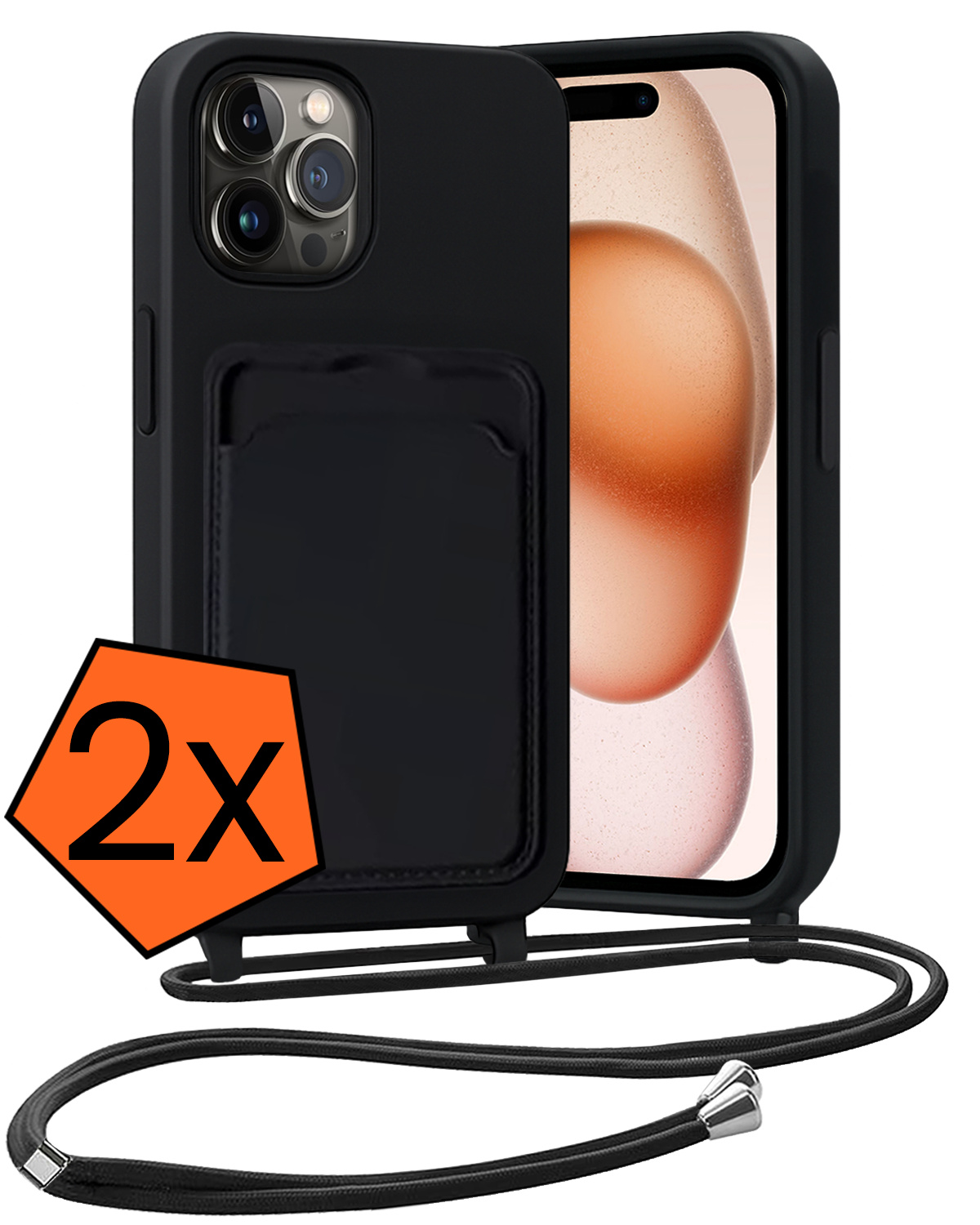 Nomfy Nomfy iPhone 15 Pro Max Hoesje Pashouder met Koord - Zwart - 2 PACK