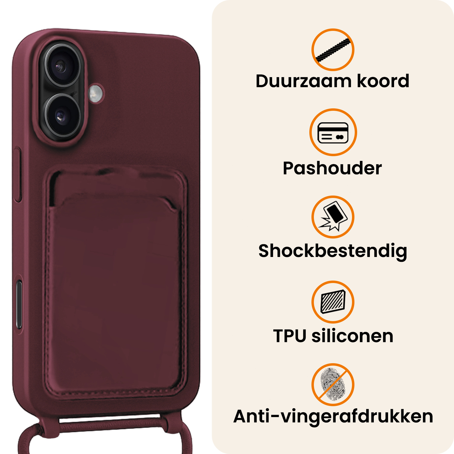 Nomfy Nomfy iPhone 16 Plus Hoesje Pashouder met Koord - Aubergine