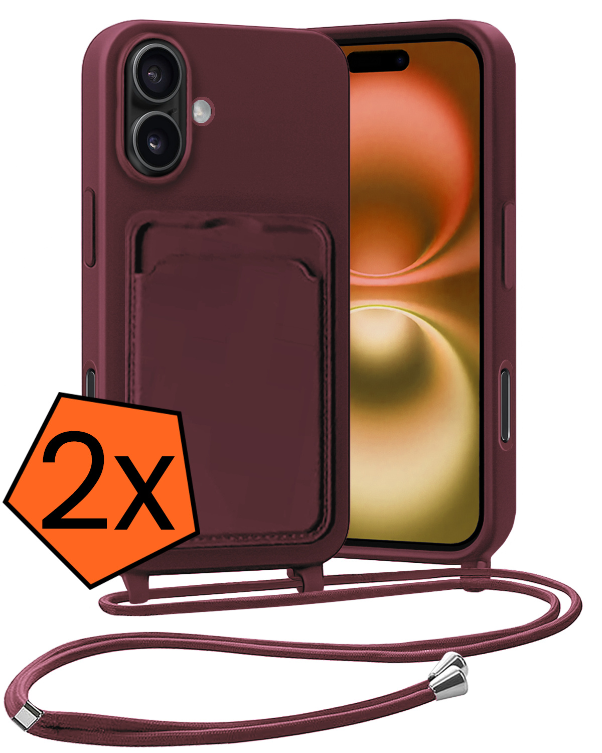 Nomfy Nomfy iPhone 16 Plus Hoesje Pashouder met Koord - Aubergine - 2 PACK