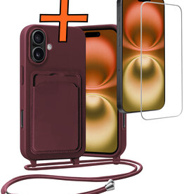 Nomfy Nomfy iPhone 16 Plus Hoesje Pashouder met Koord Met Screenprotector - Aubergine