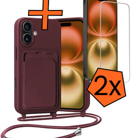 Nomfy Nomfy iPhone 16 Plus Hoesje Pashouder met Koord Met 2x Screenprotector - Aubergine