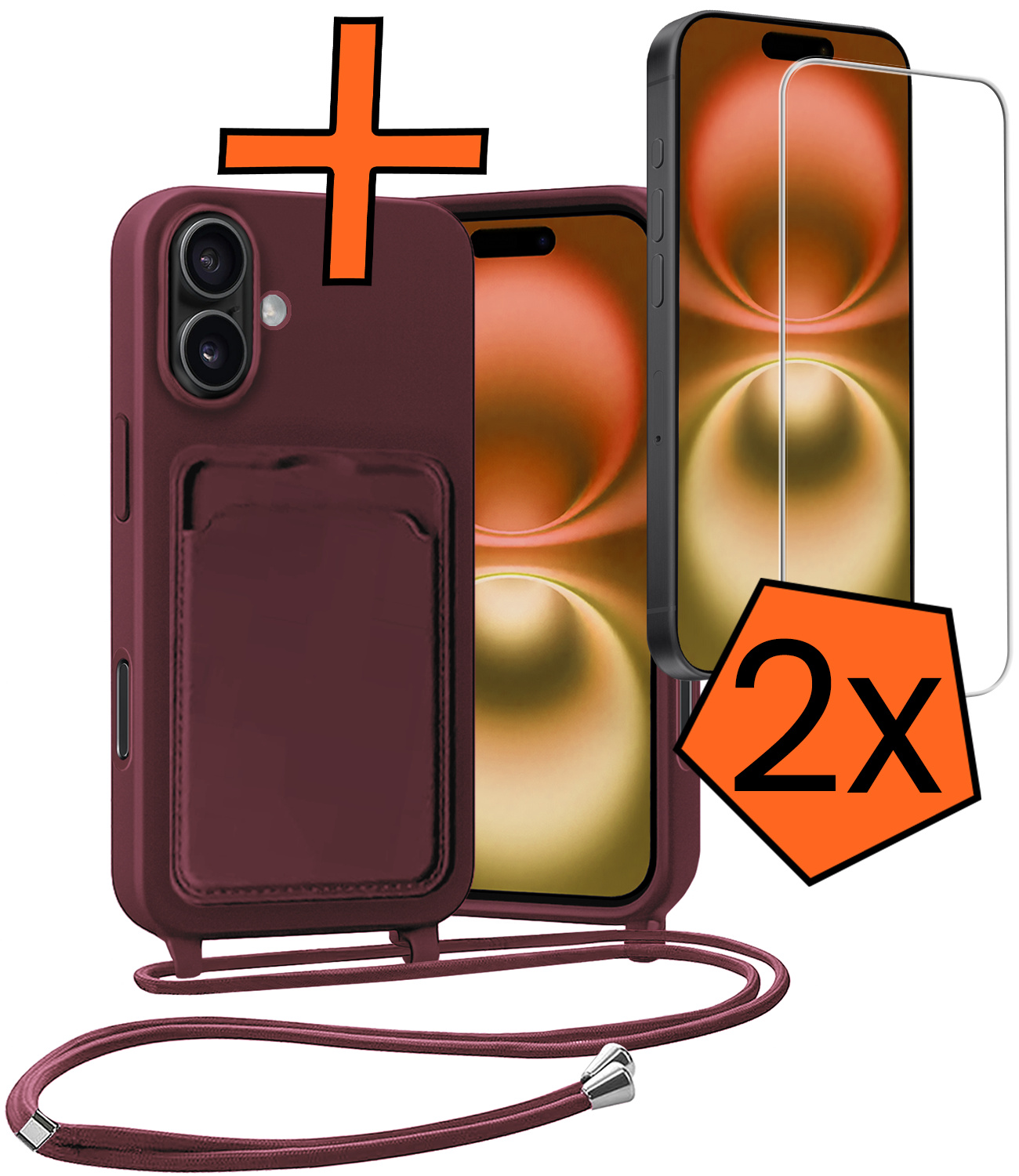 Nomfy Nomfy iPhone 16 Plus Hoesje Pashouder met Koord Met 2x Screenprotector - Aubergine