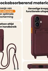 Nomfy Nomfy iPhone 16 Plus Hoesje Pashouder met Koord Met 2x Screenprotector - Aubergine