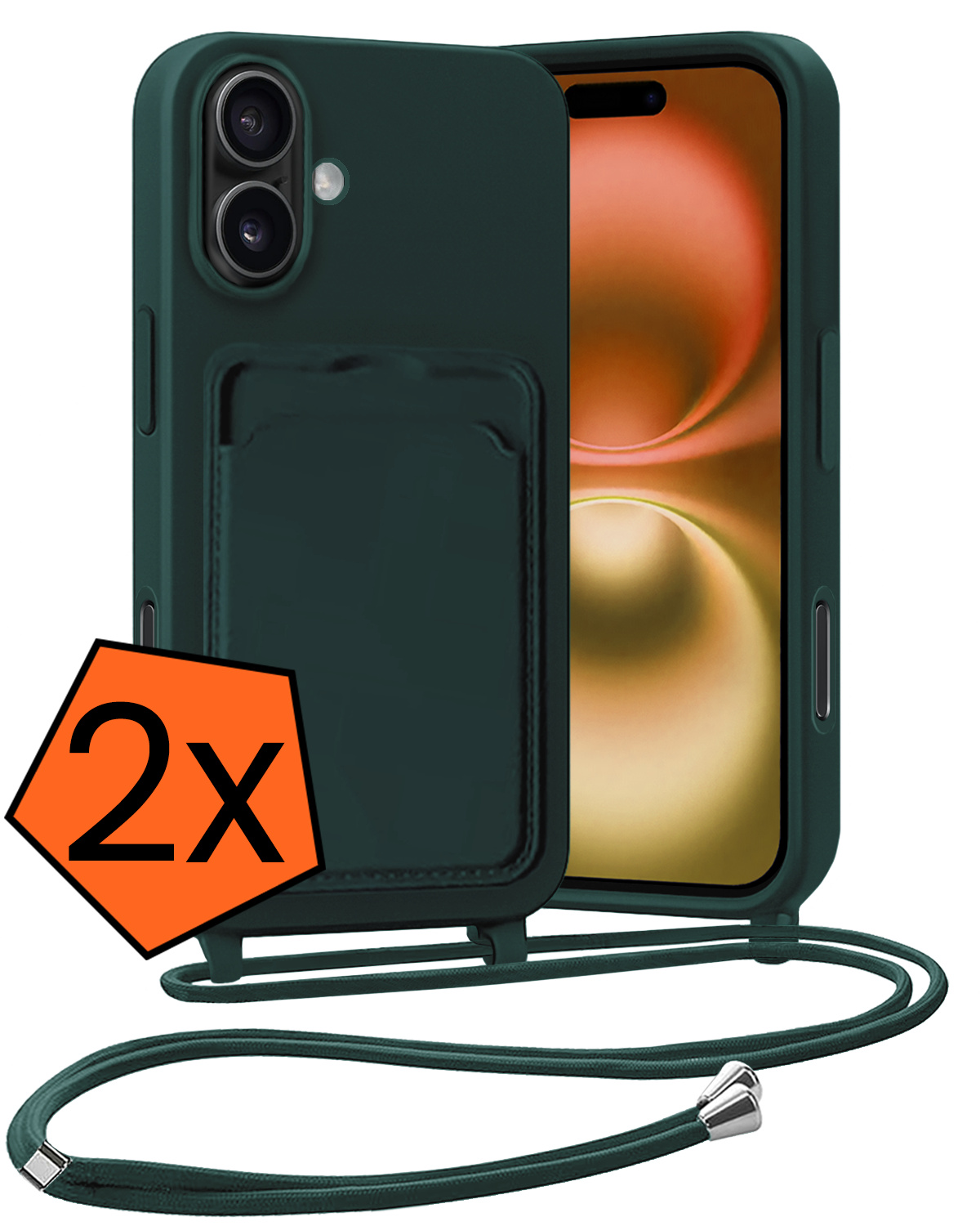 Nomfy Nomfy iPhone 16 Plus Hoesje Pashouder met Koord - Donkergroen - 2 PACK