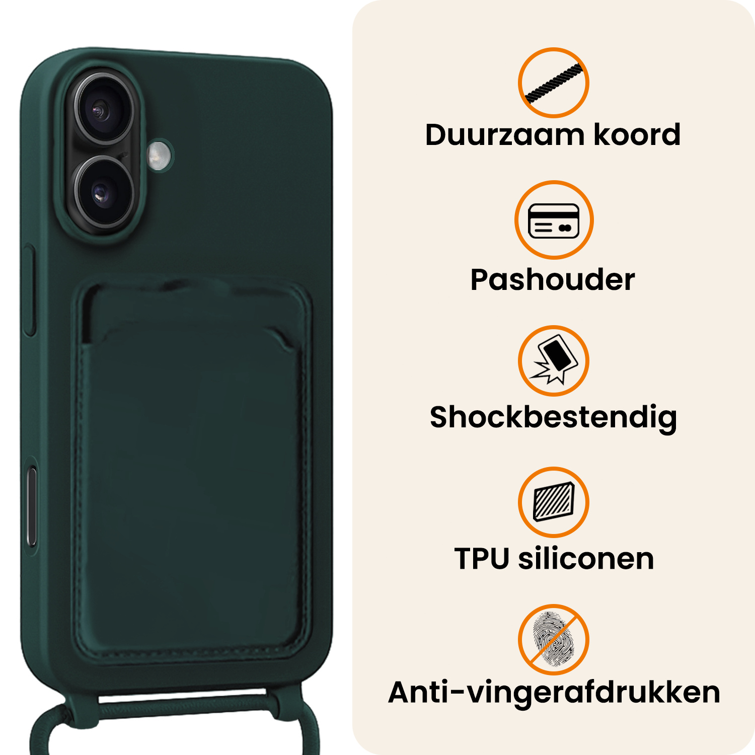 Nomfy Nomfy iPhone 16 Plus Hoesje Pashouder met Koord - Donkergroen - 2 PACK