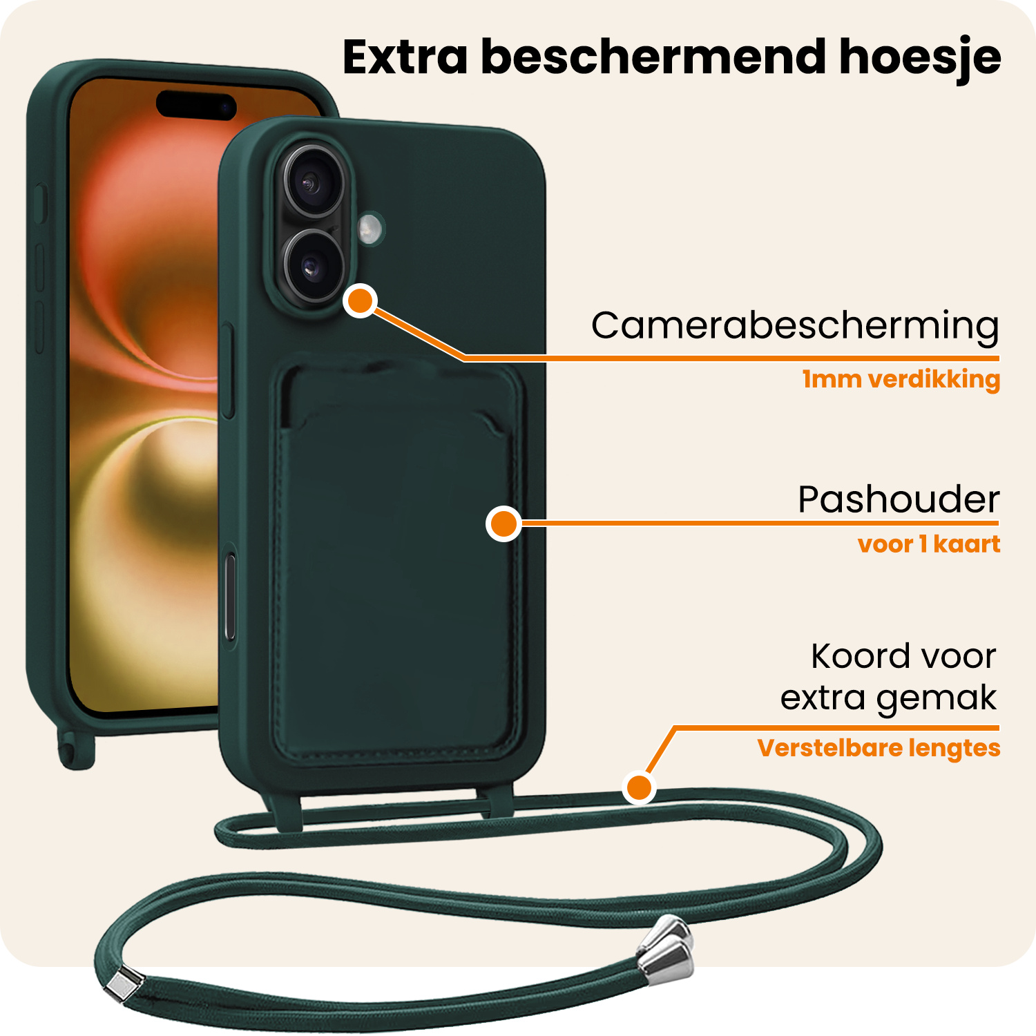 Nomfy Nomfy iPhone 16 Plus Hoesje Pashouder met Koord - Donkergroen - 2 PACK