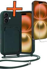 Nomfy Nomfy iPhone 16 Plus Hoesje Pashouder met Koord Met Screenprotector - Donkergroen