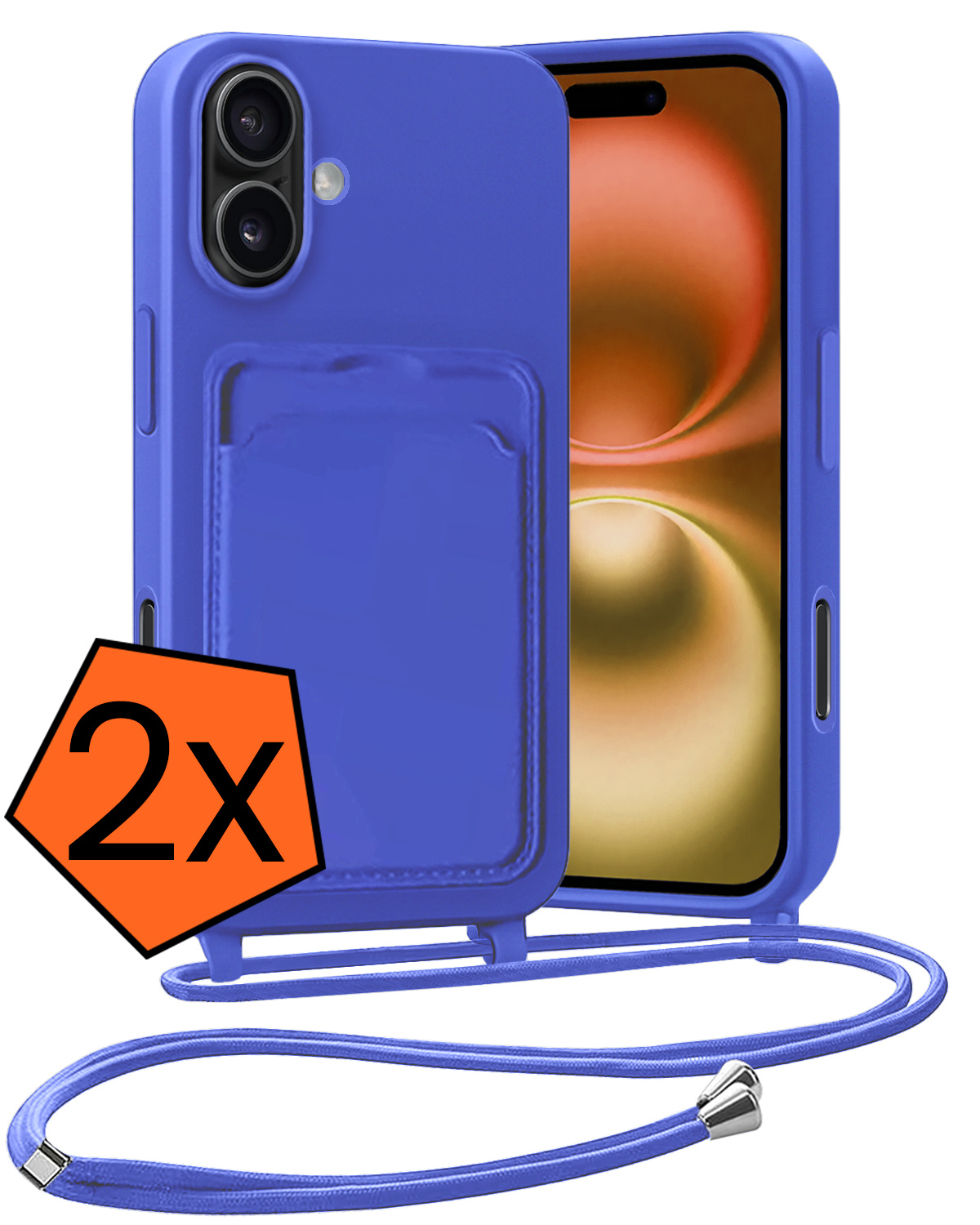 Nomfy Nomfy iPhone 16 Plus Hoesje Pashouder met Koord - Fel Blauw - 2 PACK