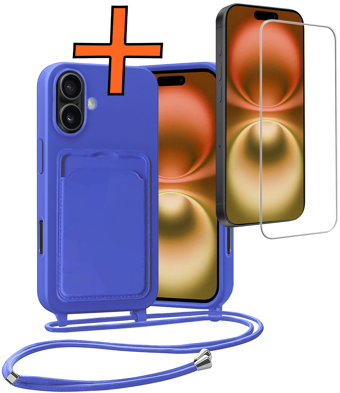Nomfy Nomfy iPhone 16 Plus Hoesje Pashouder met Koord Met Screenprotector - Fel Blauw