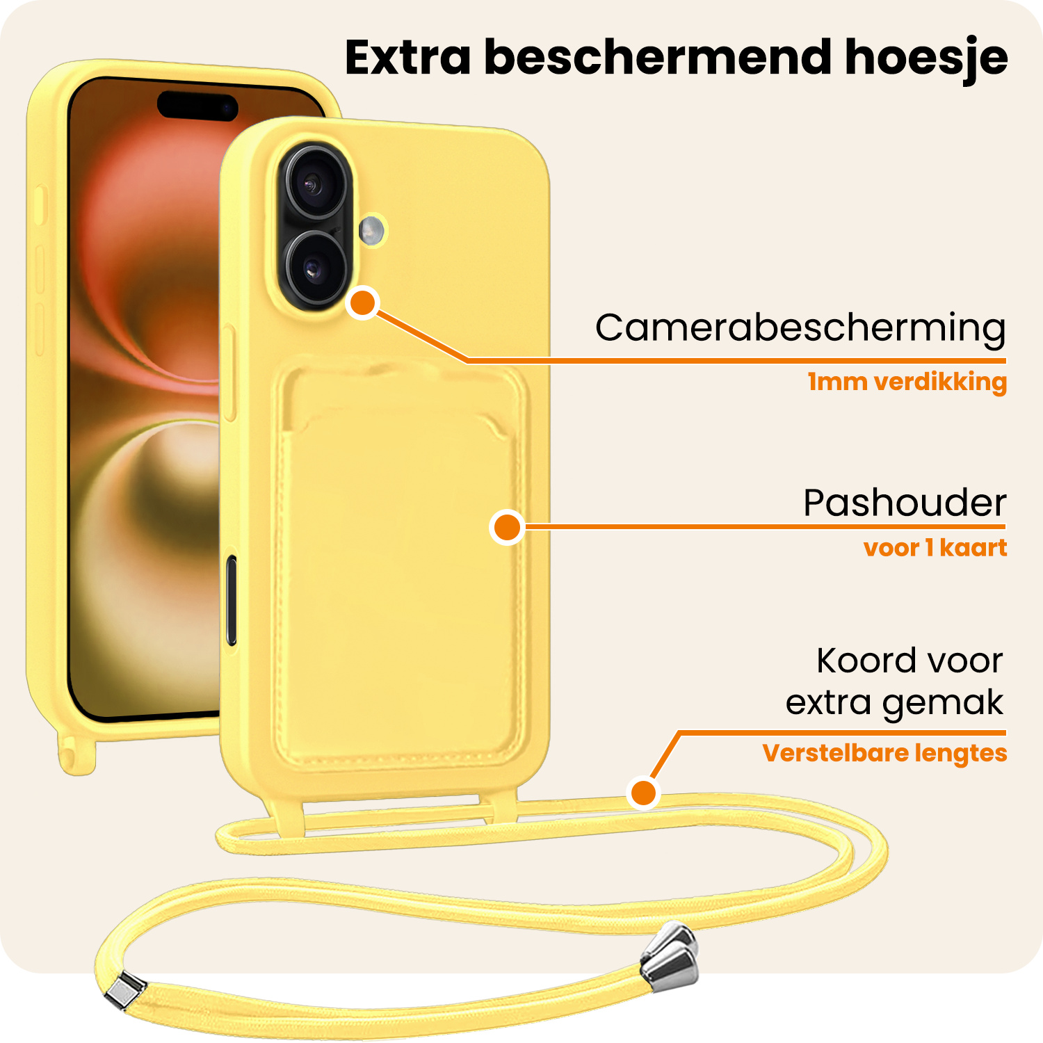 Nomfy Nomfy iPhone 16 Plus Hoesje Pashouder met Koord - Geel - 2 PACK