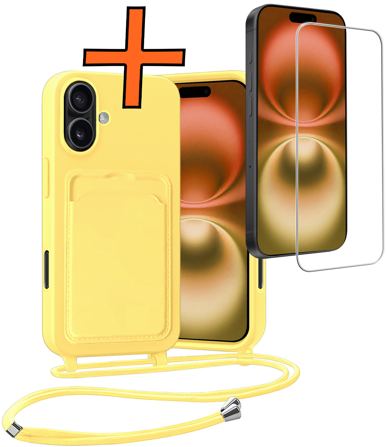 Nomfy Nomfy iPhone 16 Plus Hoesje Pashouder met Koord Met Screenprotector - Geel
