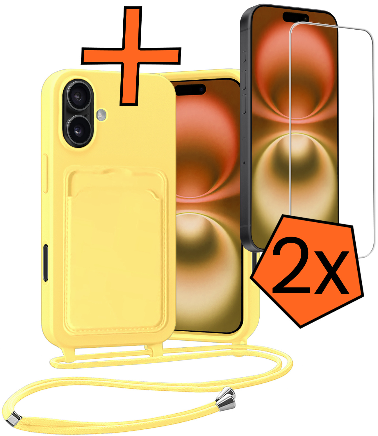 Nomfy Nomfy iPhone 16 Plus Hoesje Pashouder met Koord Met 2x Screenprotector - Geel