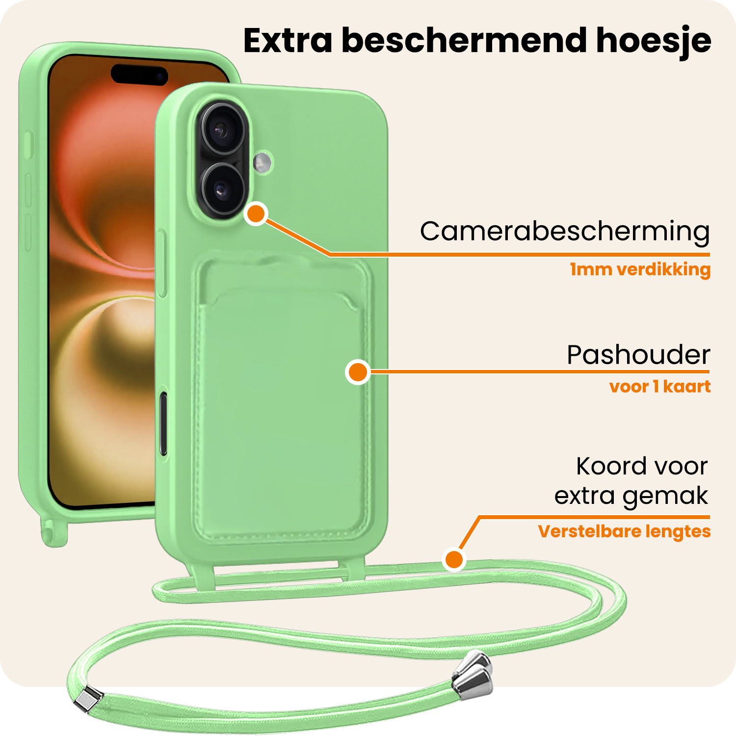 Nomfy Nomfy iPhone 16 Plus Hoesje Pashouder met Koord - Groen
