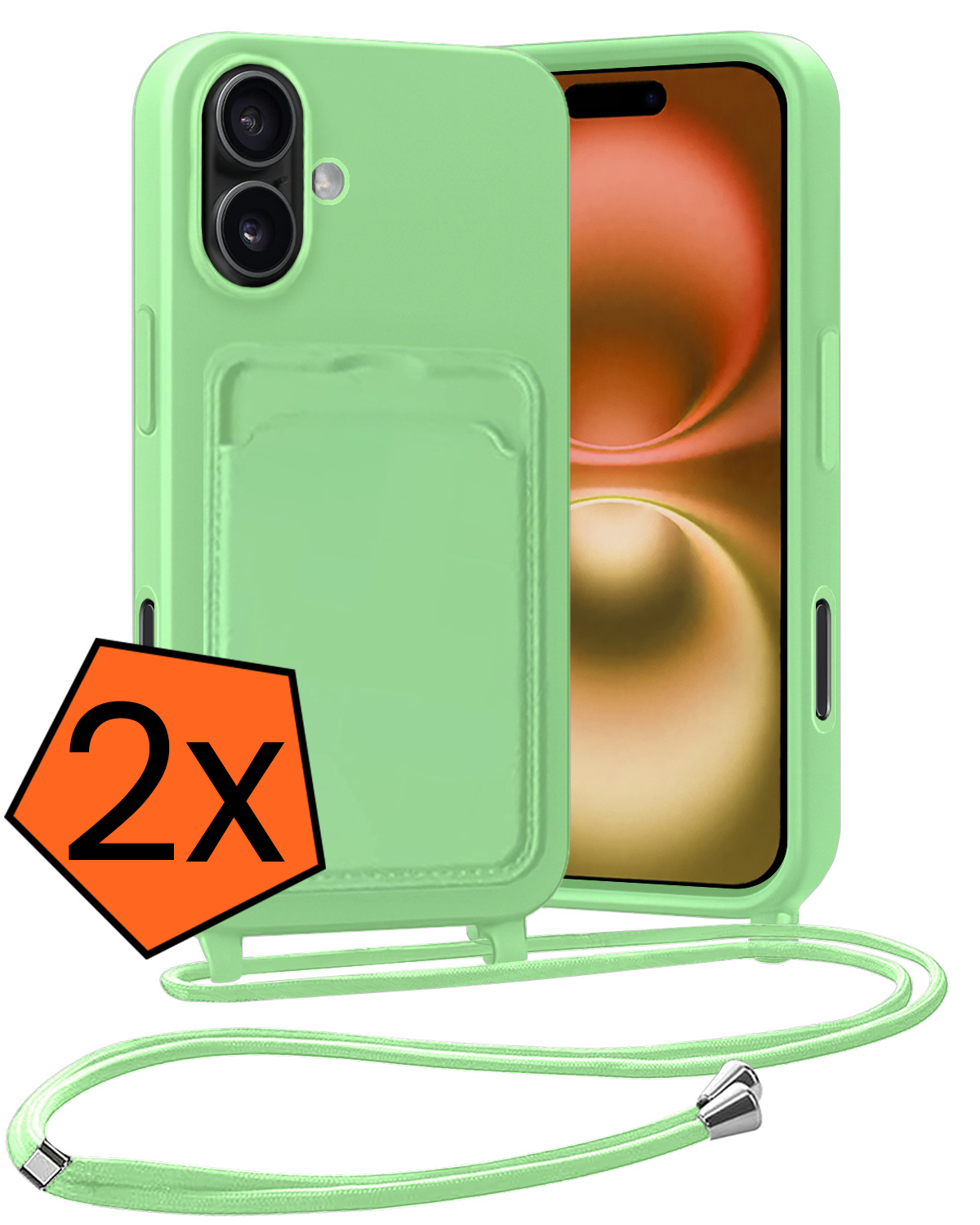 Nomfy Nomfy iPhone 16 Plus Hoesje Pashouder met Koord - Groen - 2 PACK