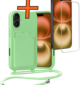 Nomfy Nomfy iPhone 16 Plus Hoesje Pashouder met Koord Met Screenprotector - Groen