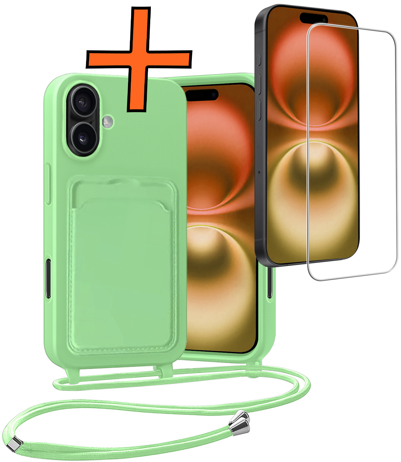 Nomfy Nomfy iPhone 16 Plus Hoesje Pashouder met Koord Met Screenprotector - Groen