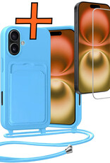 Nomfy Nomfy iPhone 16 Plus Hoesje Pashouder met Koord Met Screenprotector - Lichtblauw