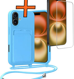 Nomfy Nomfy iPhone 16 Plus Hoesje Pashouder met Koord Met Screenprotector - Lichtblauw