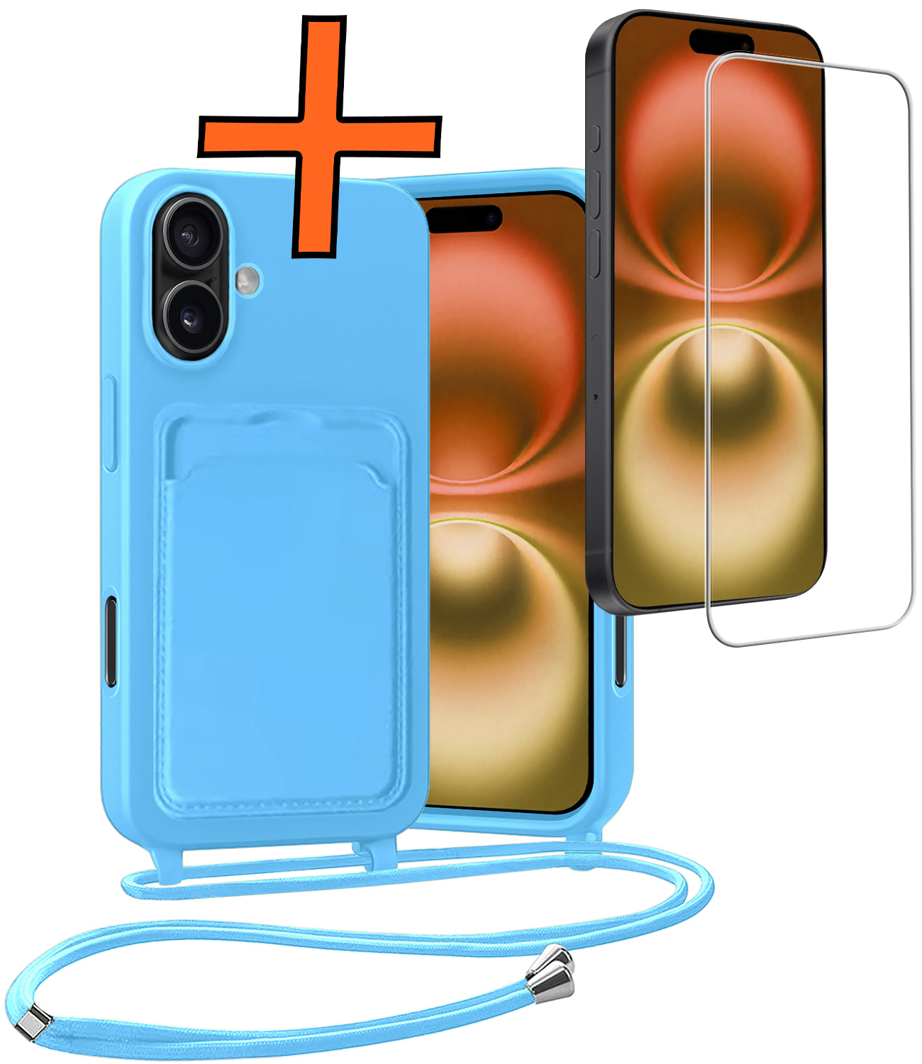 Nomfy Nomfy iPhone 16 Plus Hoesje Pashouder met Koord Met Screenprotector - Lichtblauw