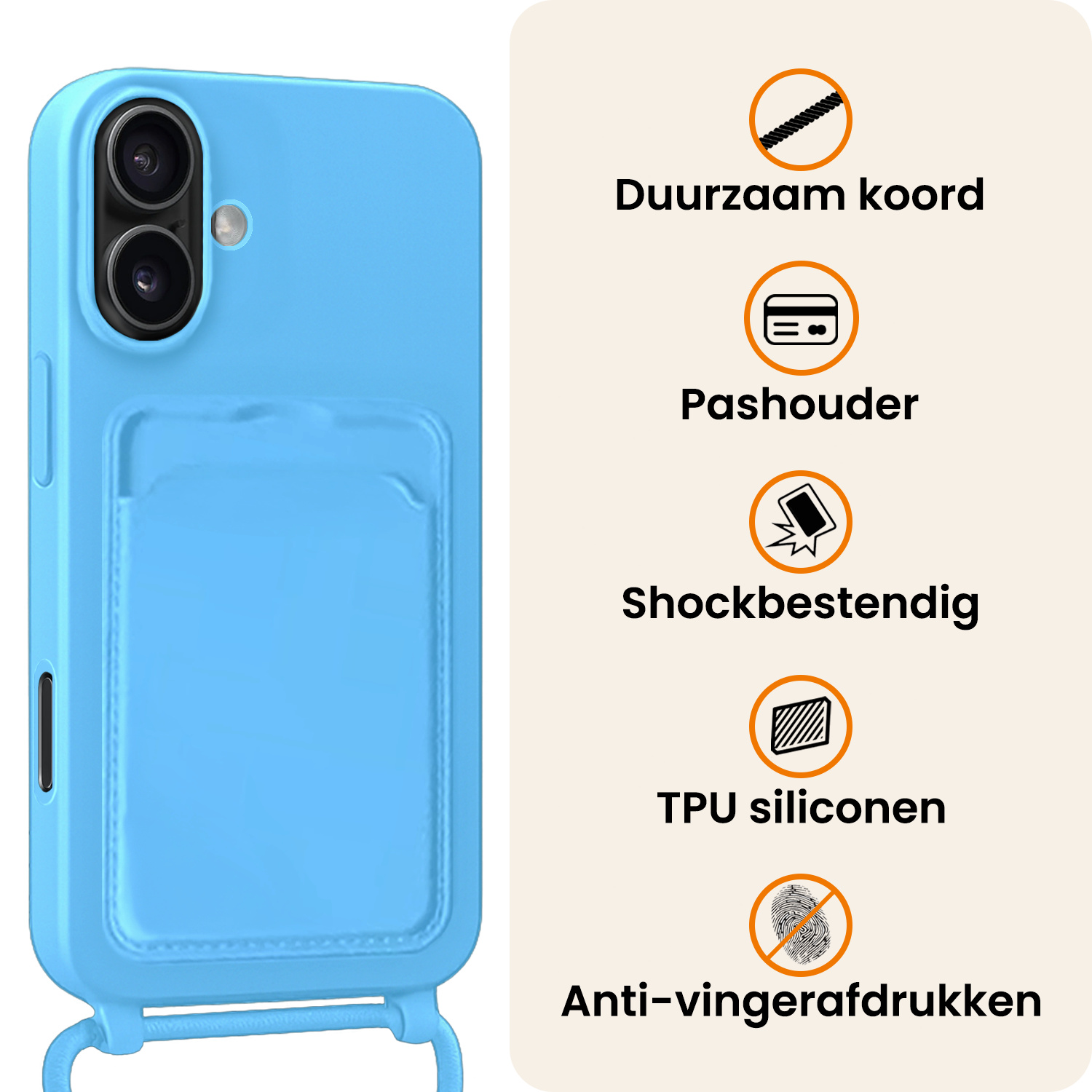 Nomfy Nomfy iPhone 16 Plus Hoesje Pashouder met Koord Met Screenprotector - Lichtblauw