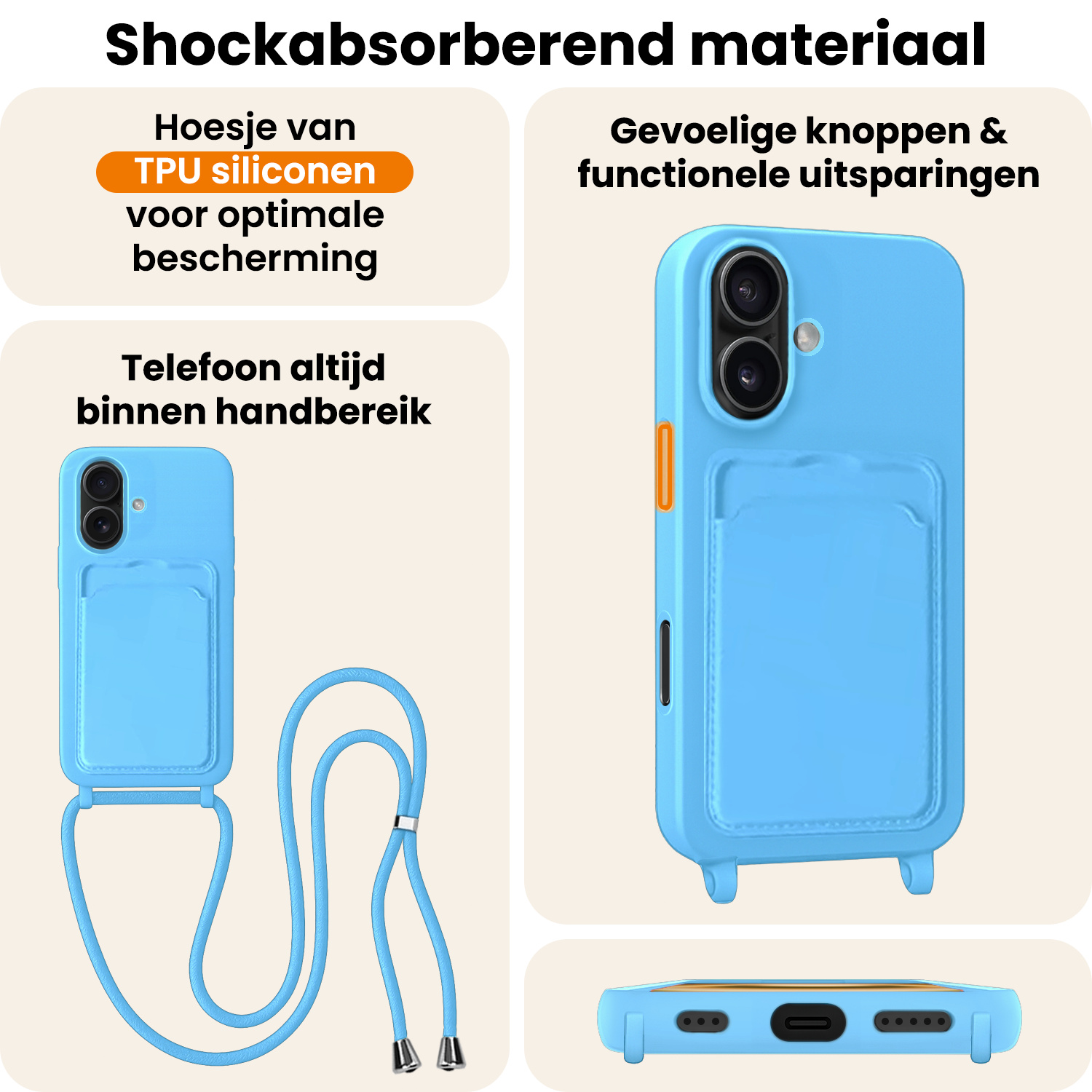 Nomfy Nomfy iPhone 16 Plus Hoesje Pashouder met Koord Met Screenprotector - Lichtblauw