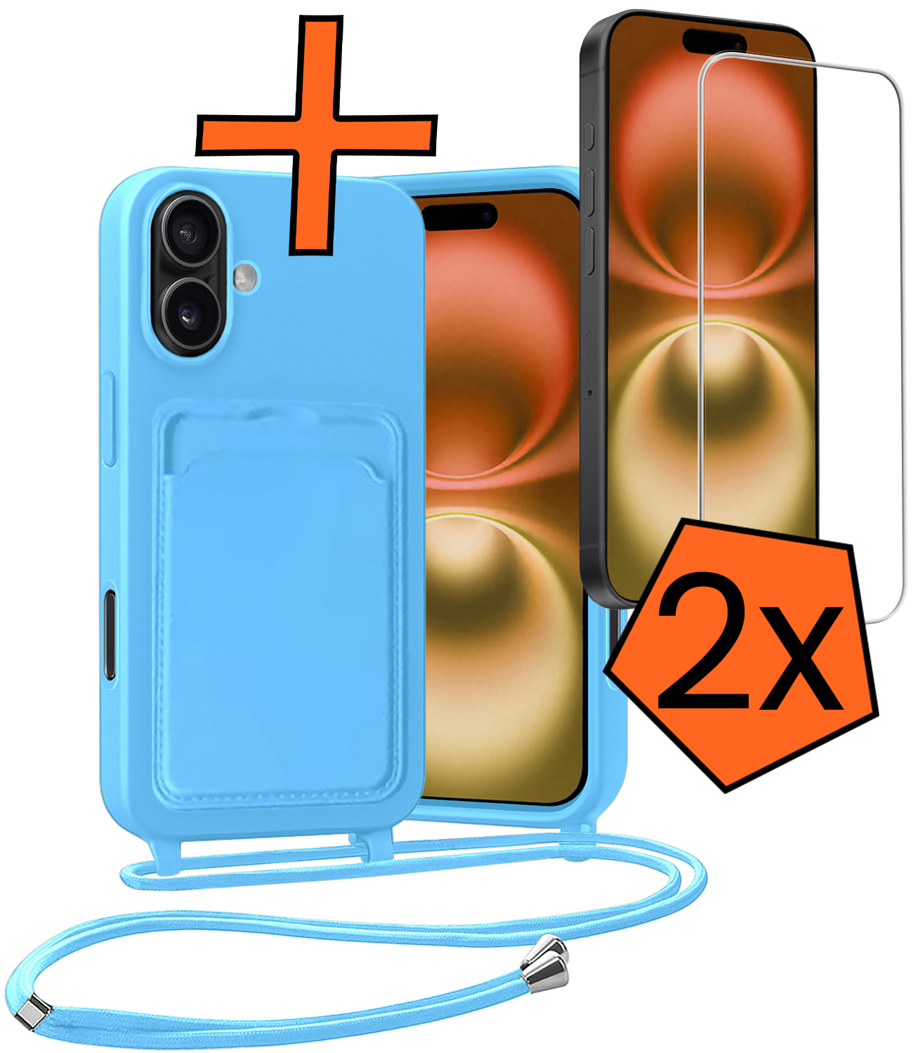 Nomfy Nomfy iPhone 16 Plus Hoesje Pashouder met Koord Met 2x Screenprotector - Lichtblauw