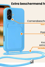 Nomfy Nomfy iPhone 16 Plus Hoesje Pashouder met Koord Met 2x Screenprotector - Lichtblauw