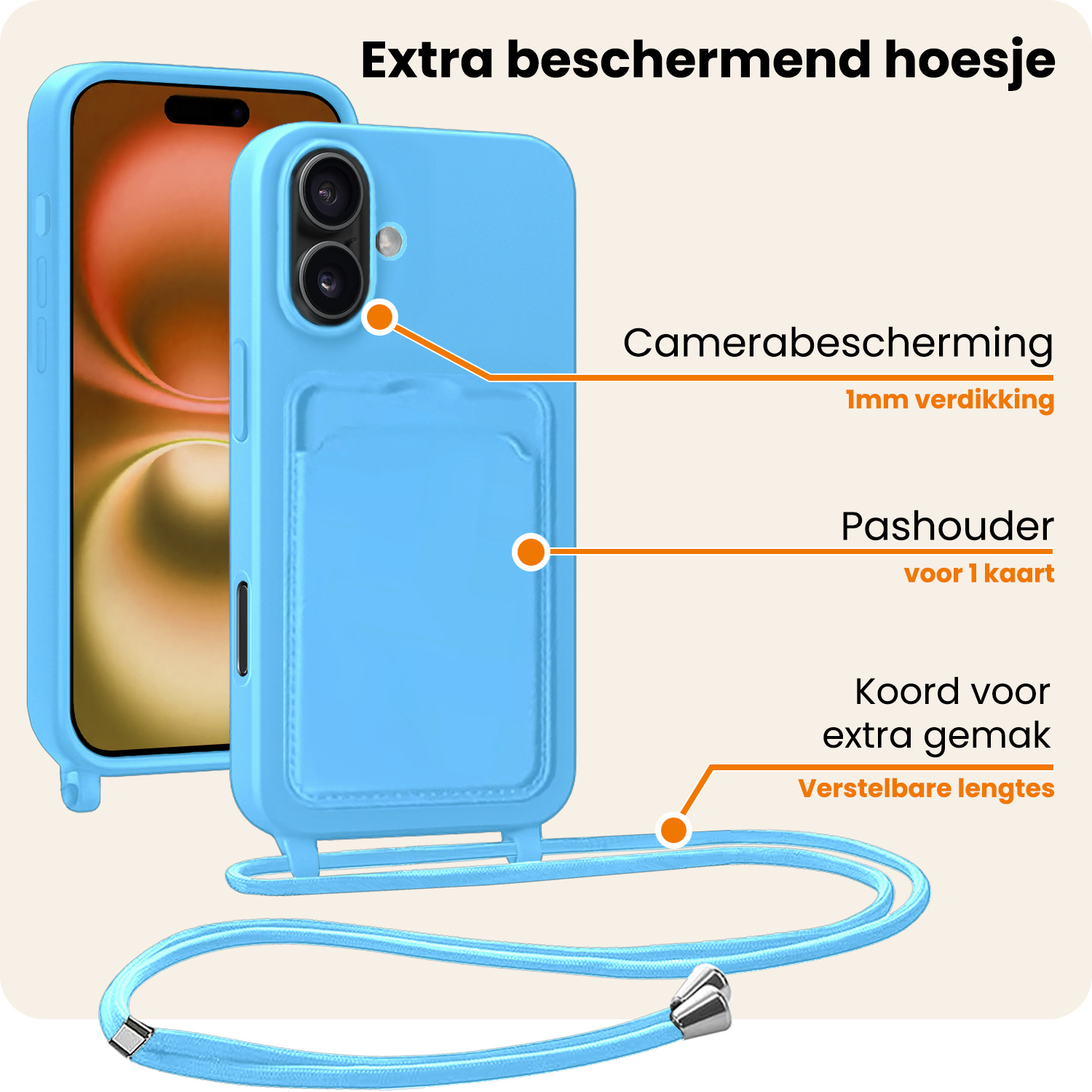 Nomfy Nomfy iPhone 16 Plus Hoesje Pashouder met Koord Met 2x Screenprotector - Lichtblauw