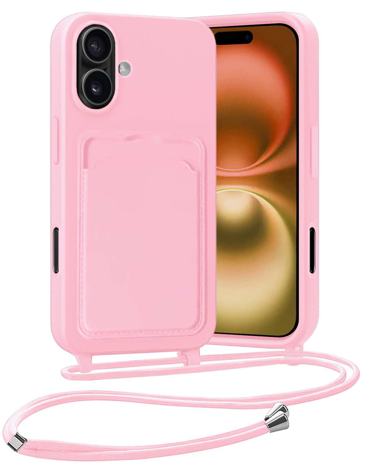 Nomfy Nomfy iPhone 16 Plus Hoesje Pashouder met Koord - Lichtroze