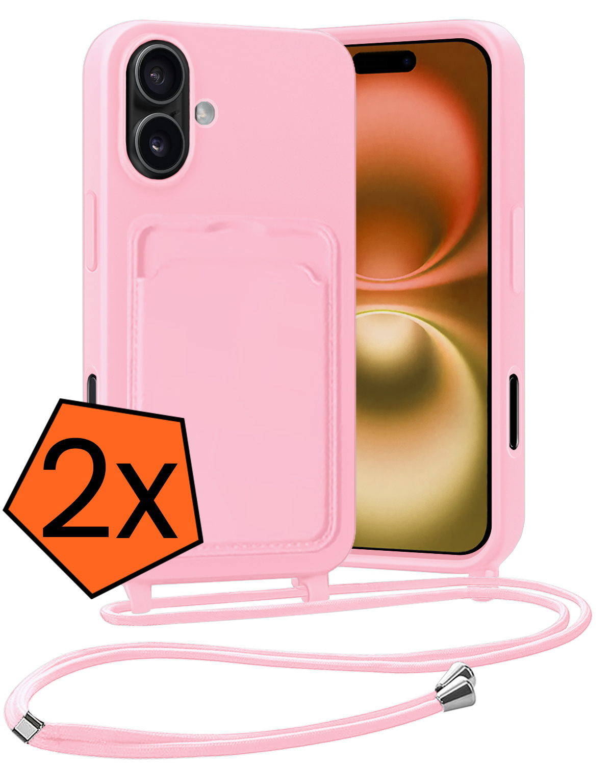 Nomfy Nomfy iPhone 16 Plus Hoesje Pashouder met Koord - Lichtroze - 2 PACK