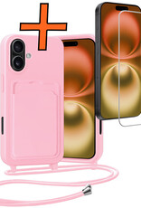 Nomfy Nomfy iPhone 16 Plus Hoesje Pashouder met Koord Met Screenprotector - Lichtroze