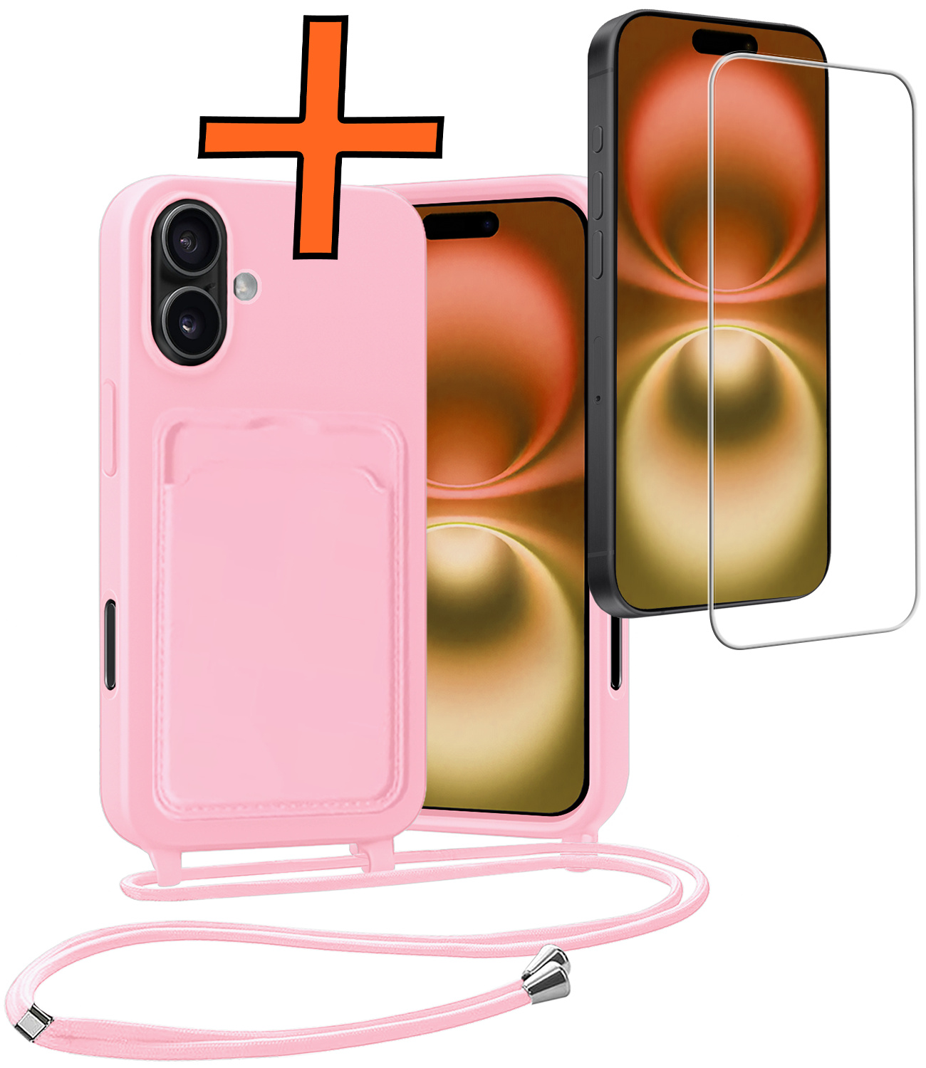 Nomfy Nomfy iPhone 16 Plus Hoesje Pashouder met Koord Met Screenprotector - Lichtroze