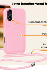 Nomfy Nomfy iPhone 16 Plus Hoesje Pashouder met Koord Met Screenprotector - Lichtroze