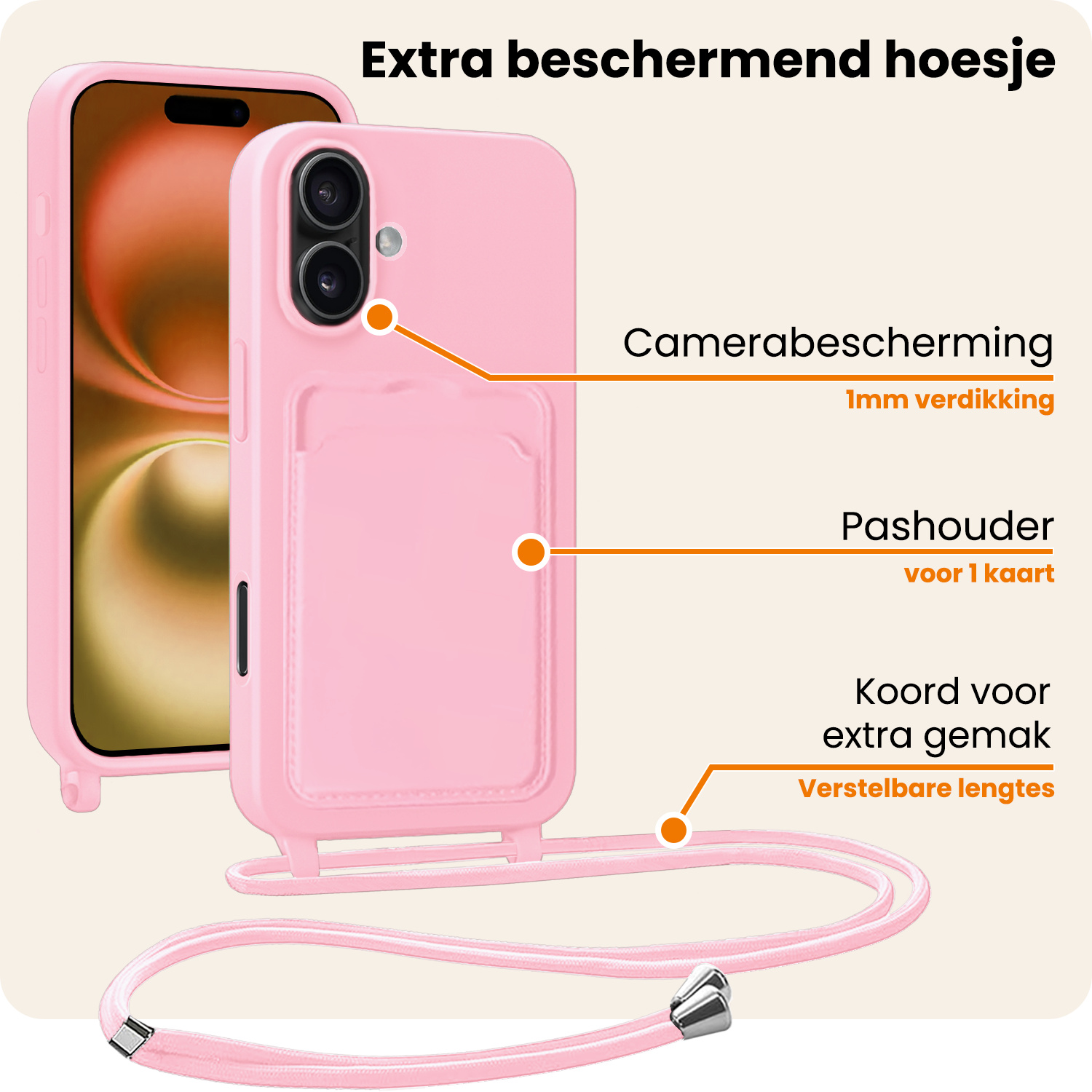 Nomfy Nomfy iPhone 16 Plus Hoesje Pashouder met Koord Met Screenprotector - Lichtroze