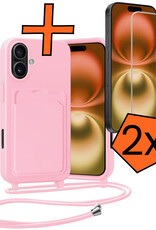 Nomfy Nomfy iPhone 16 Plus Hoesje Pashouder met Koord Met 2x Screenprotector - Lichtroze