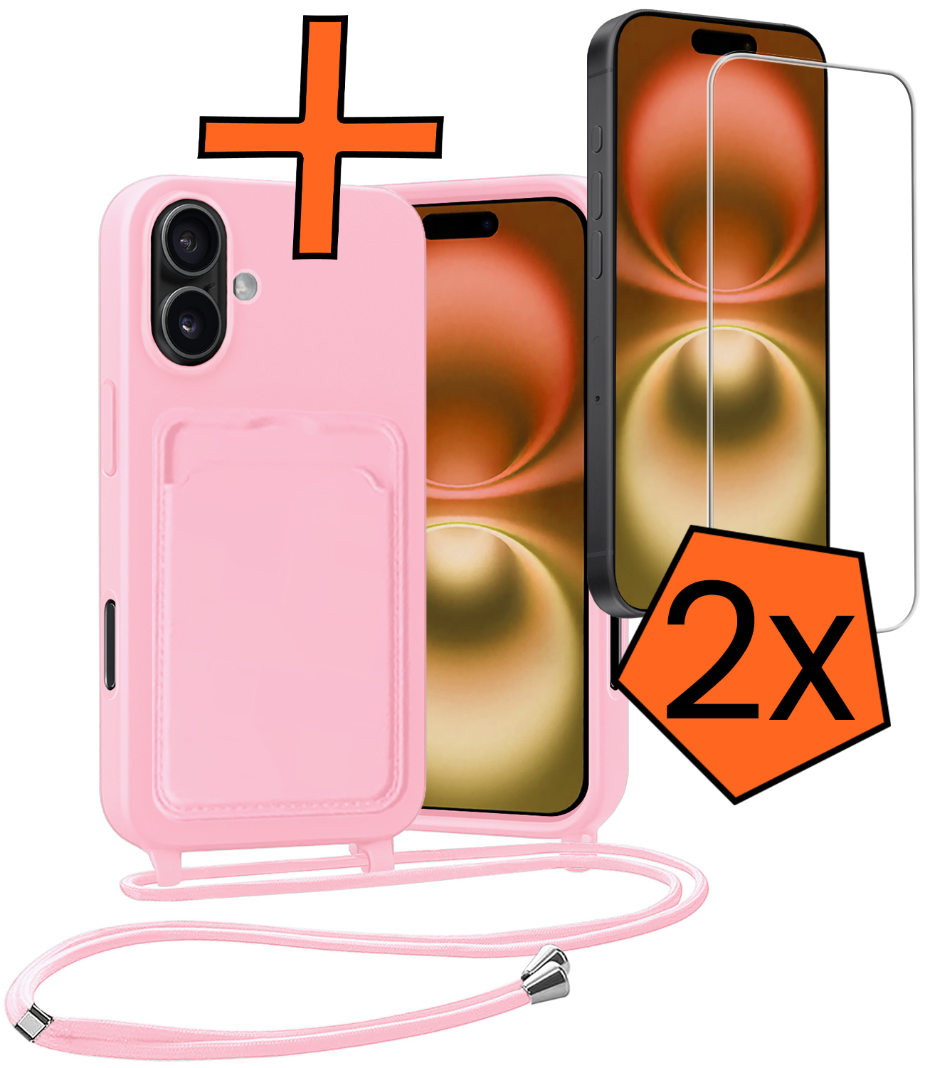 Nomfy Nomfy iPhone 16 Plus Hoesje Pashouder met Koord Met 2x Screenprotector - Lichtroze