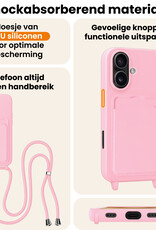 Nomfy Nomfy iPhone 16 Plus Hoesje Pashouder met Koord Met 2x Screenprotector - Lichtroze