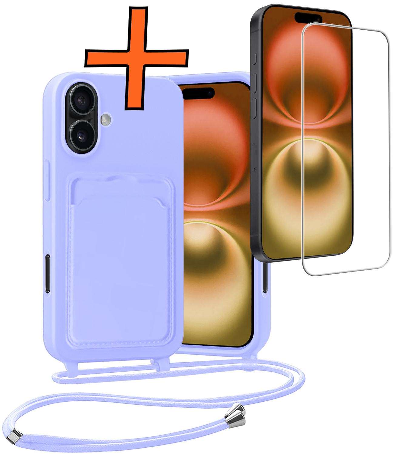 Nomfy Nomfy iPhone 16 Plus Hoesje Pashouder met Koord Met Screenprotector - Lila