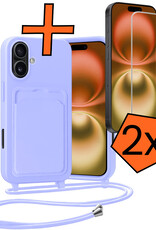 Nomfy Nomfy iPhone 16 Plus Hoesje Pashouder met Koord Met 2x Screenprotector - Lila