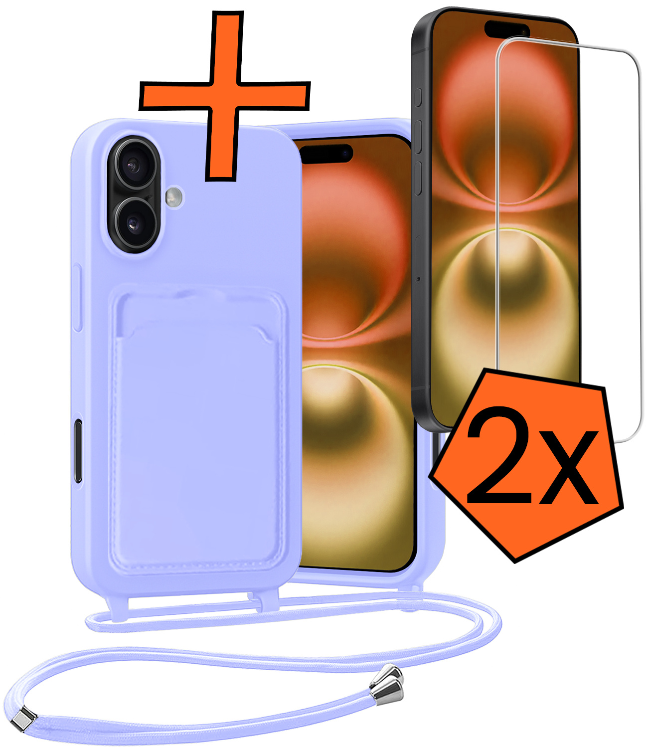 Nomfy Nomfy iPhone 16 Plus Hoesje Pashouder met Koord Met 2x Screenprotector - Lila