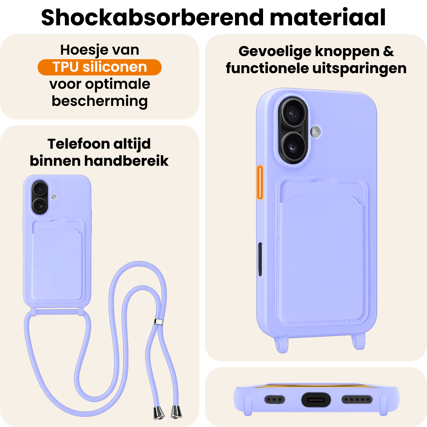 Nomfy Nomfy iPhone 16 Plus Hoesje Pashouder met Koord Met 2x Screenprotector - Lila