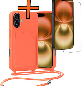 Nomfy Nomfy iPhone 16 Plus Hoesje Pashouder met Koord Met Screenprotector - Papaya