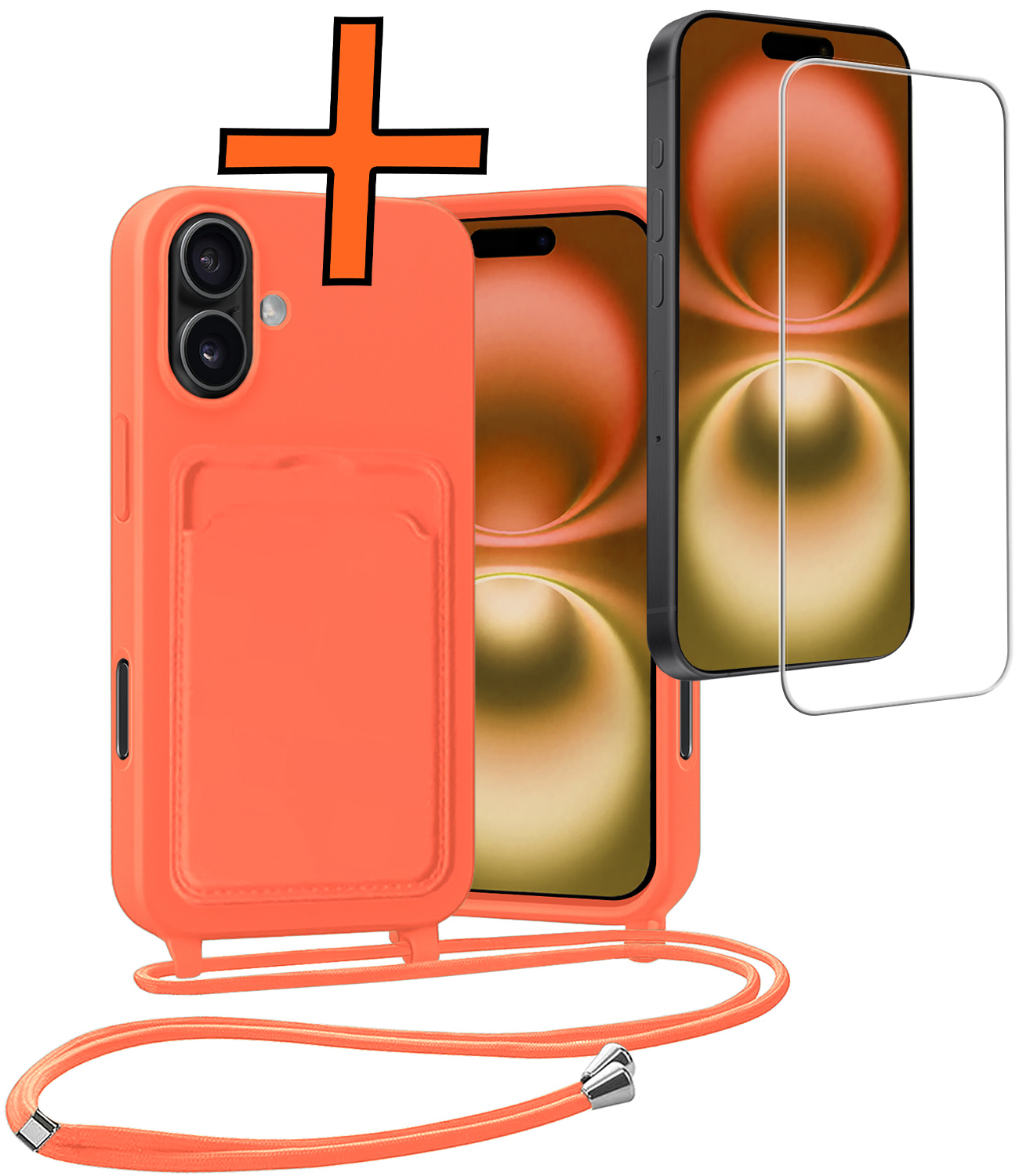 Nomfy Nomfy iPhone 16 Plus Hoesje Pashouder met Koord Met Screenprotector - Papaya