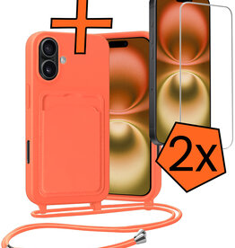 Nomfy Nomfy iPhone 16 Plus Hoesje Pashouder met Koord Met 2x Screenprotector - Papaya