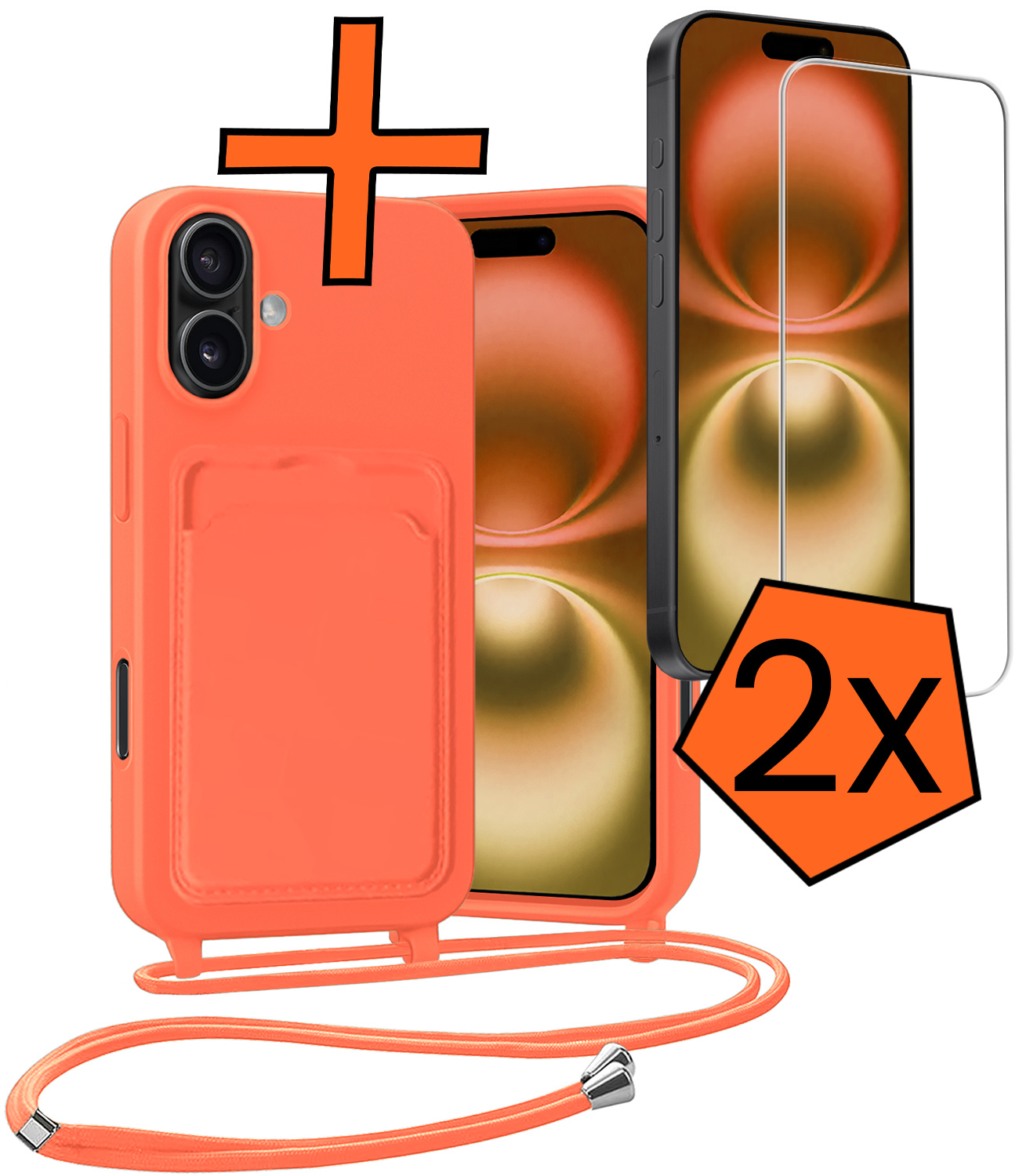 Nomfy Nomfy iPhone 16 Plus Hoesje Pashouder met Koord Met 2x Screenprotector - Papaya