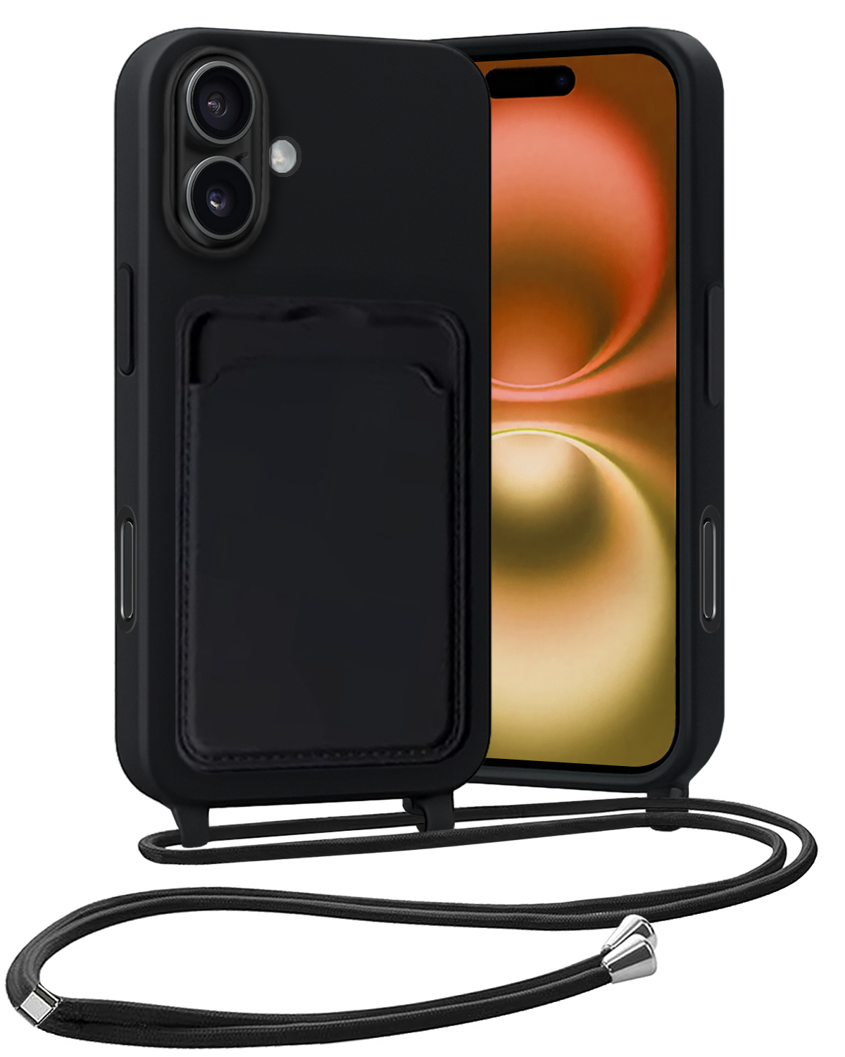 Nomfy Nomfy iPhone 16 Plus Hoesje Pashouder met Koord - Zwart