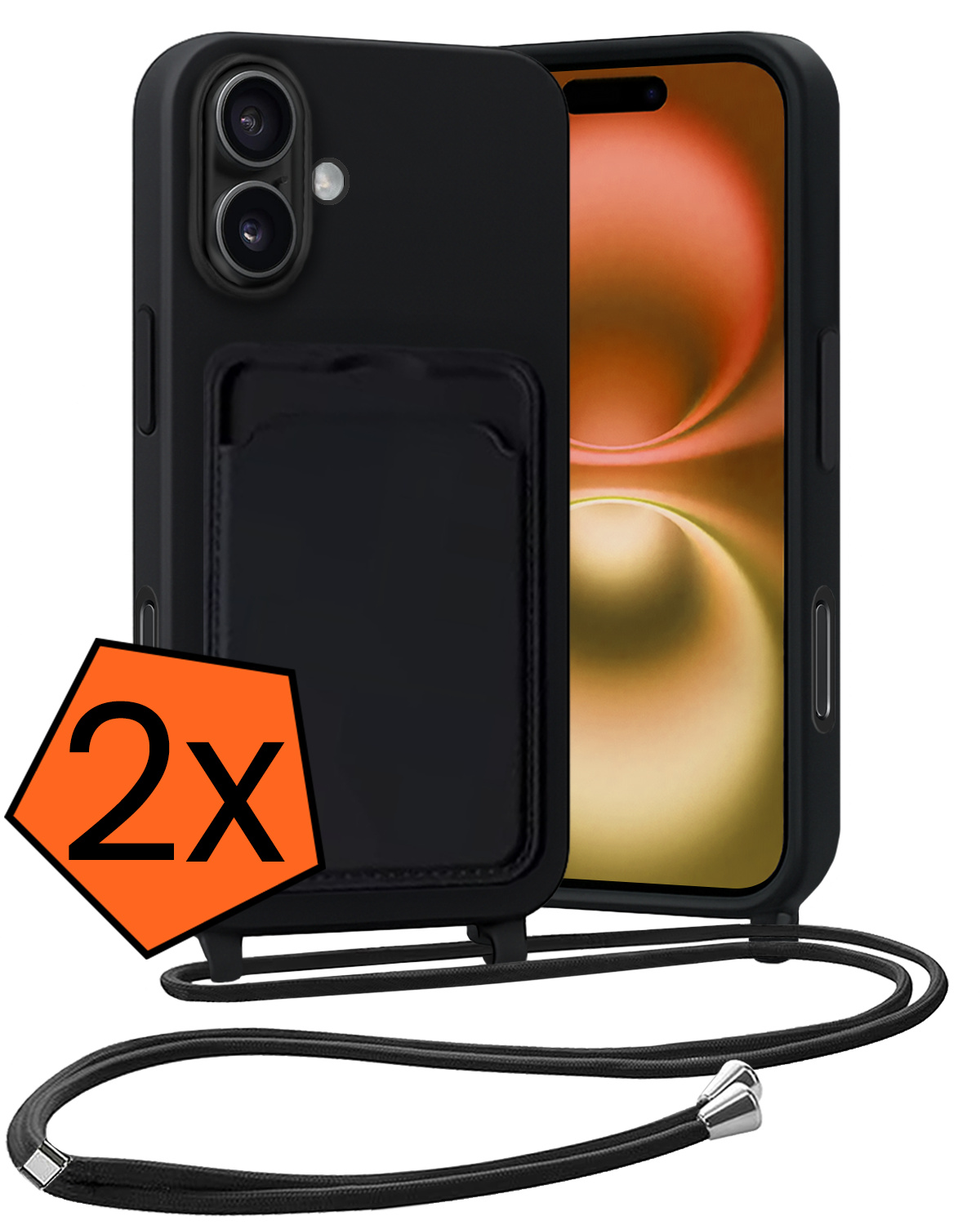 Nomfy Nomfy iPhone 16 Plus Hoesje Pashouder met Koord - Zwart - 2 PACK